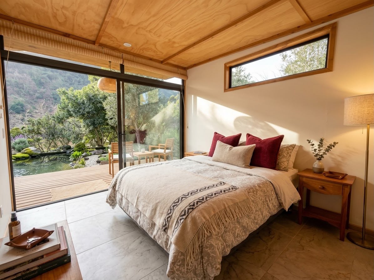 Dormitorio con ventanal hacia la terraza de madera y la biopiscina